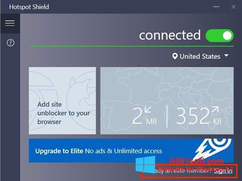 Ekraanipilt Hotspot Shield Windows 8.1