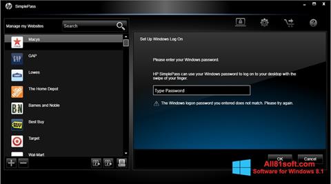 Ekraanipilt HP SimplePass Windows 8.1